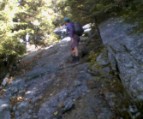 Bruce on trecherous Flume Slide trail (camphone)