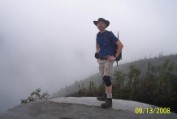 Nate in early fog on the Caps Ridge Trail headed up Mt Jefferson